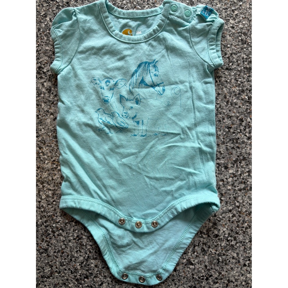 Carhartt Baby Girls Aqua Blue Farm Animal Graphic Snap Bodysuit 3M Cotton‎